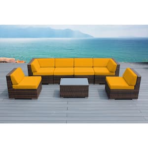 Mixed Brown 7-Piece Wicker Patio Seating Set with Sunbrella Sunflower Yellow Cushions