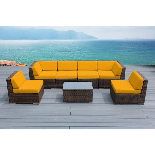 Ohana Depot Mixed Brown 7-Piece Wicker Patio Seating Set with Sunbrella Sunflower Yellow Cushions