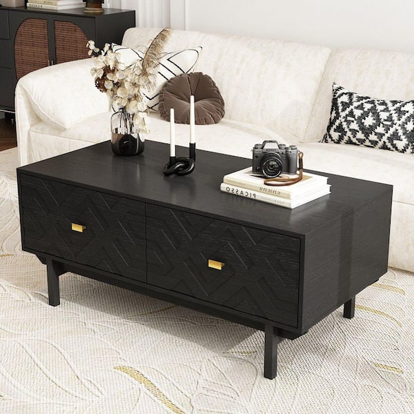 47.2 in. Black Rectangle Wood Coffee Table with Geometric Carving, 4 Drawers, Gold Handles, Modern Minimalist Style