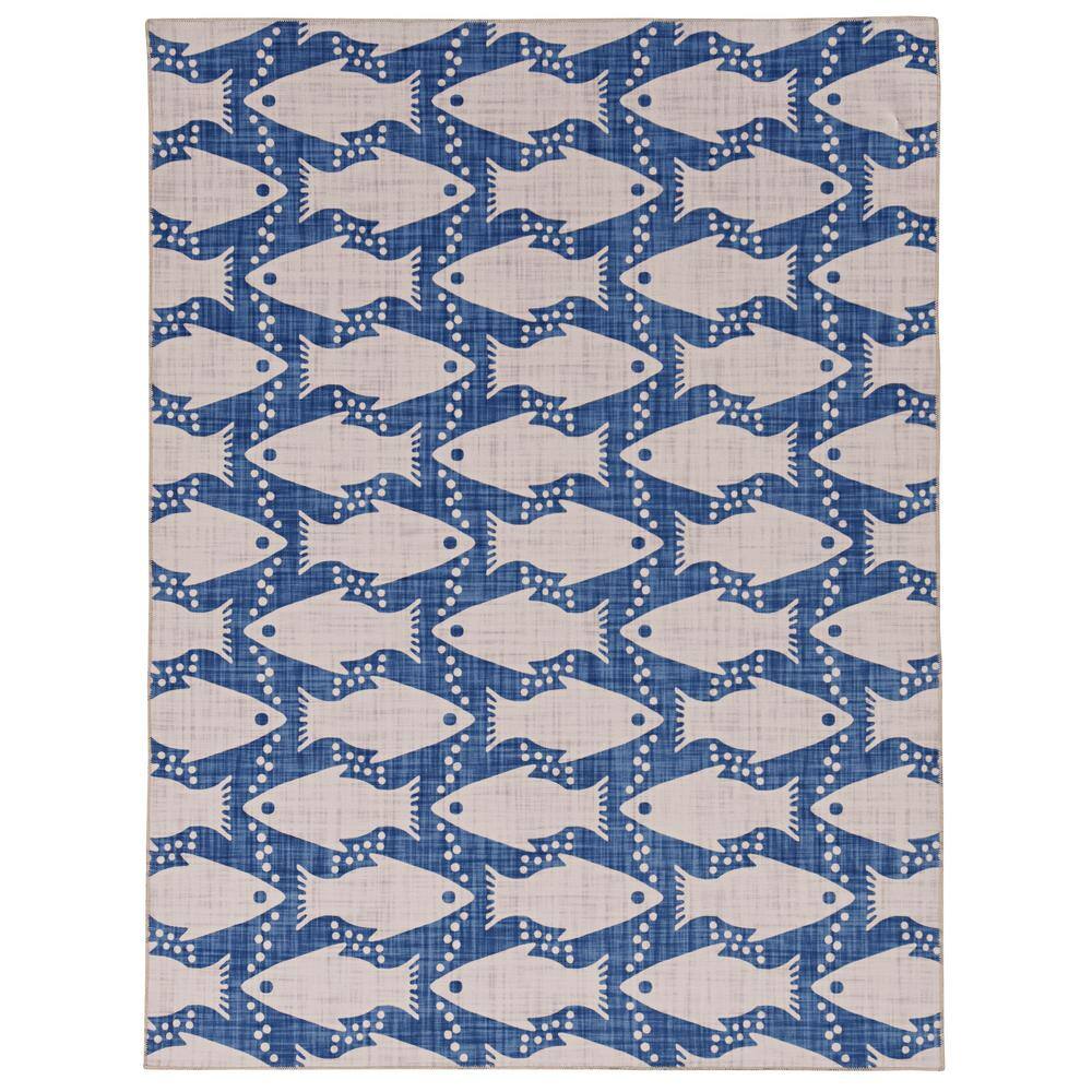 Washable Sterling Ivory and Blue 2 ft. x 3 ft. Coastal Fish Polyester Area 