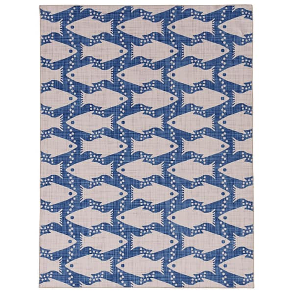 Washable Sterling Ivory and Blue 2 ft. x 3 ft. Coastal Fish Polyester Area Rug