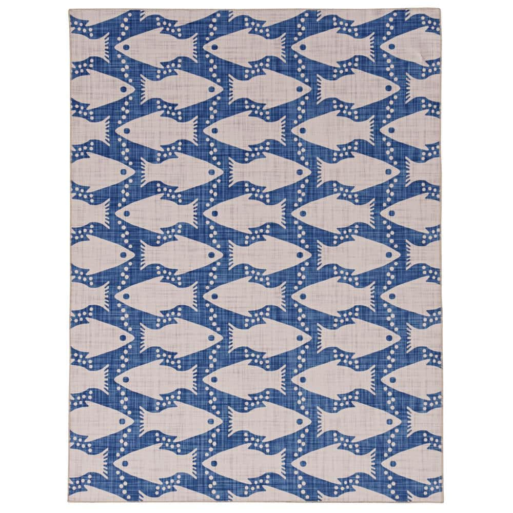 Washable Sterling Ivory and Blue 3 ft. x 5 ft. Coastal Fish Polyester Area 