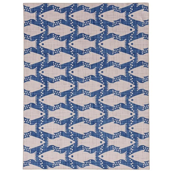 Linon Home Decor Washable Sterling Ivory and Blue 3 ft. x 5 ft. Coastal Fish Polyester Area Rug
