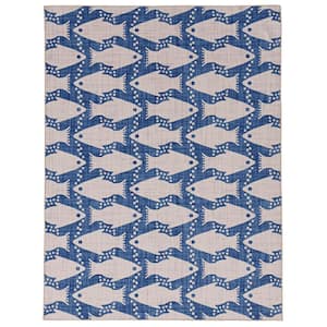 Washable Sterling Ivory and Blue 5 ft. x 7 ft. Coastal Fish Polyester Area Rug