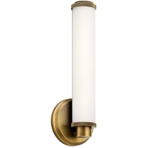 Indeco 16-Watt Natural Brass Integrated LED Bathroom Indoor Wall Sconce Light with Satin Etched White Glass Shade