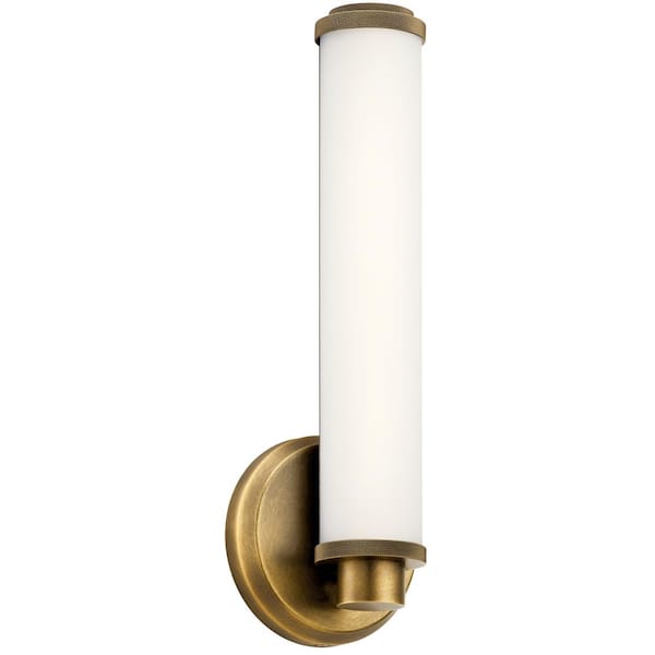 Indeco 16-Watt Natural Brass Integrated LED Bathroom Indoor Wall Sconce Light with Satin Etched White Glass Shade