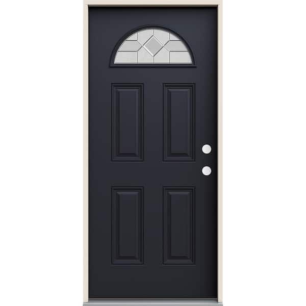 JELD-WEN 36 in. x 80 in. Left-Hand Fan Lite Decorative Glass Caldwell Black Fiberglass Prehung Front Door