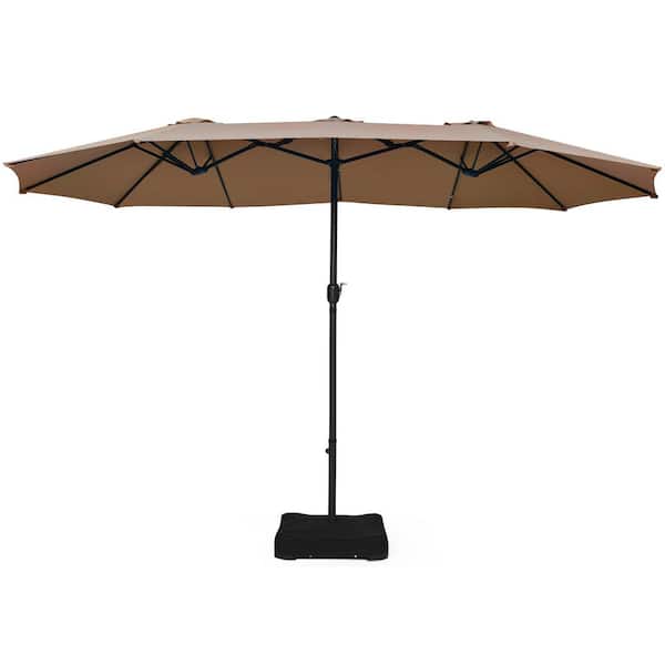 HONEY JOY 15 ft. Outdoor Double-Sided Steel Market Patio Umbrella with Base in Tan