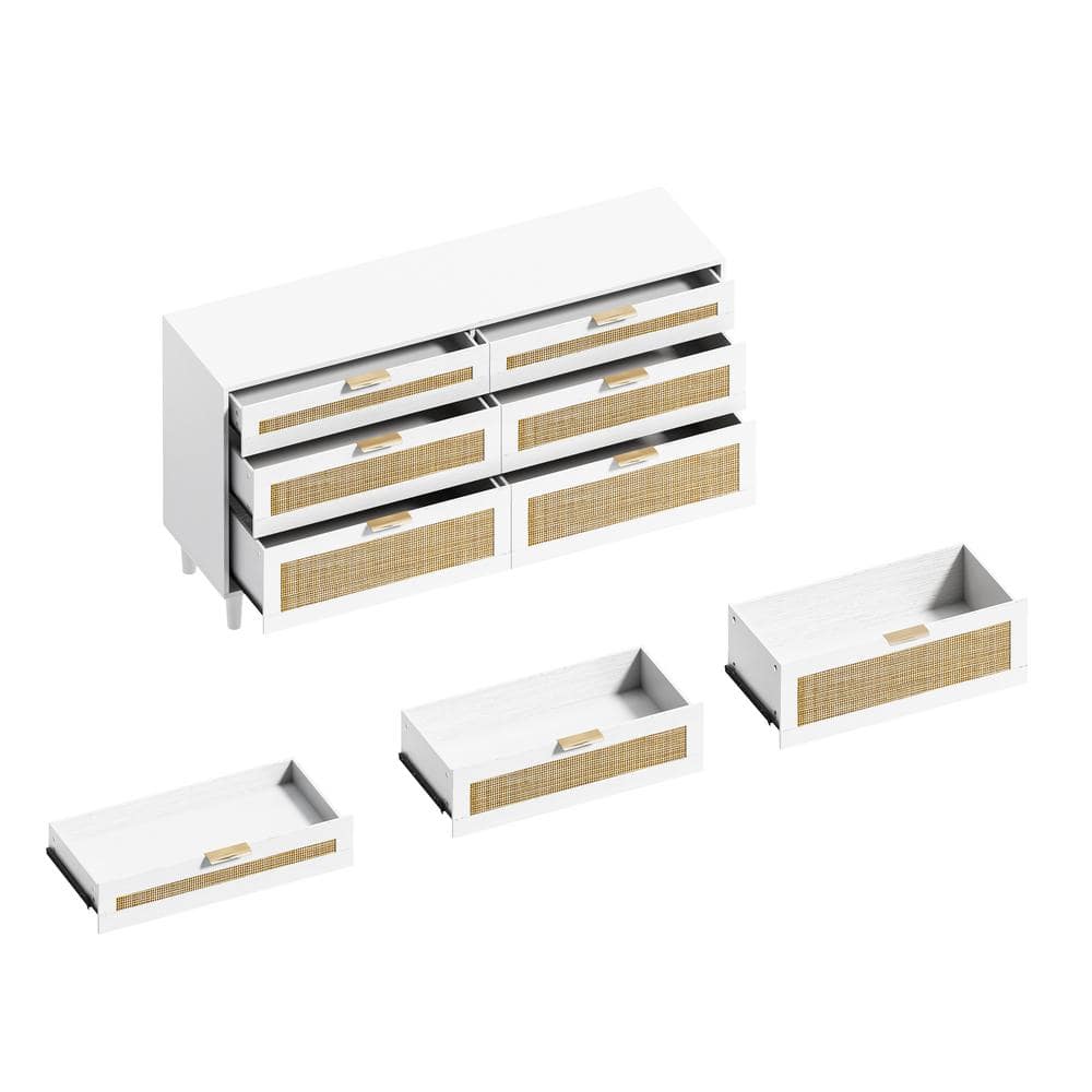 White MDF and Rattan 6-Drawer Dresser with Gold Handles