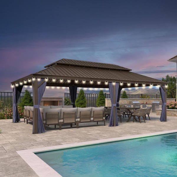 14 ft.x 24 ft.Bronze Patio Outdoor Gazebo for Backyard Hardtop Aluminum Frame with Hooks Netting Blue Curtain 48-Lights