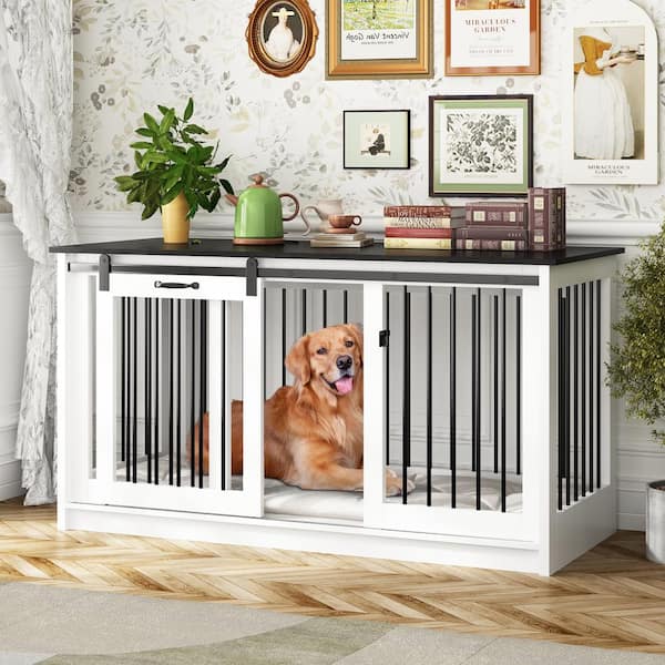FUFU&GAGA Wooden Large Dog Crate, Heavy Duty Dog Kennel with Sliding Door for Large Medium Small Dog, White