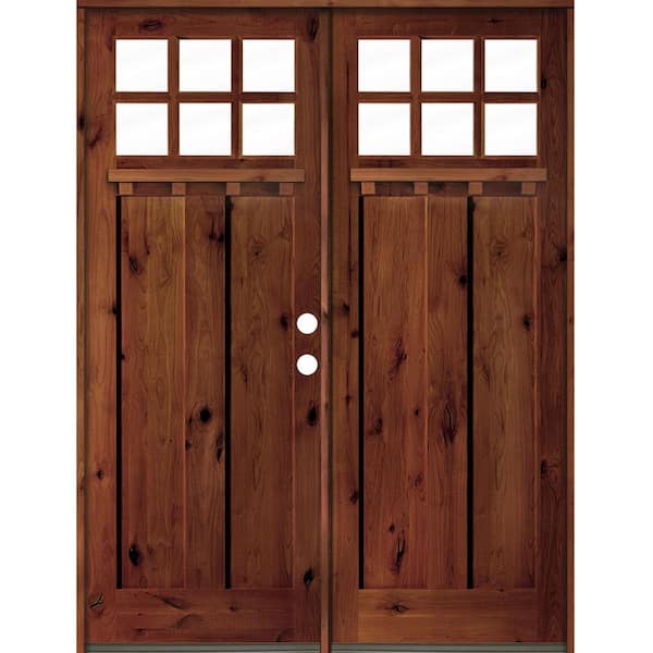 Krosswood Doors 72 in. x 96 in. Craftsman Knotty Alder Wood Clear 6-Lite RC Stained/Dentil Shelf Left Active Double Prehung Front Door