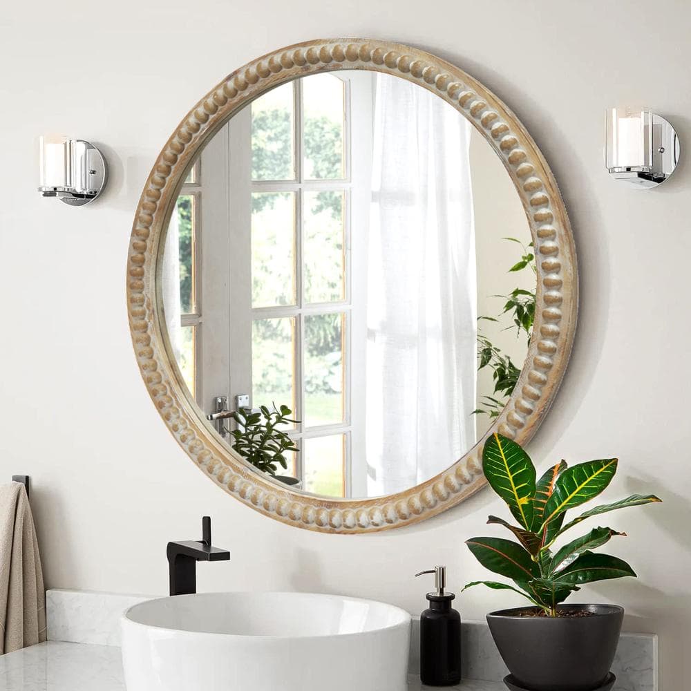 "Round Decorative Wall Mirror 31.50"" Distressed Wood Beaded Frame Mirror" price history on PriceWatchPro