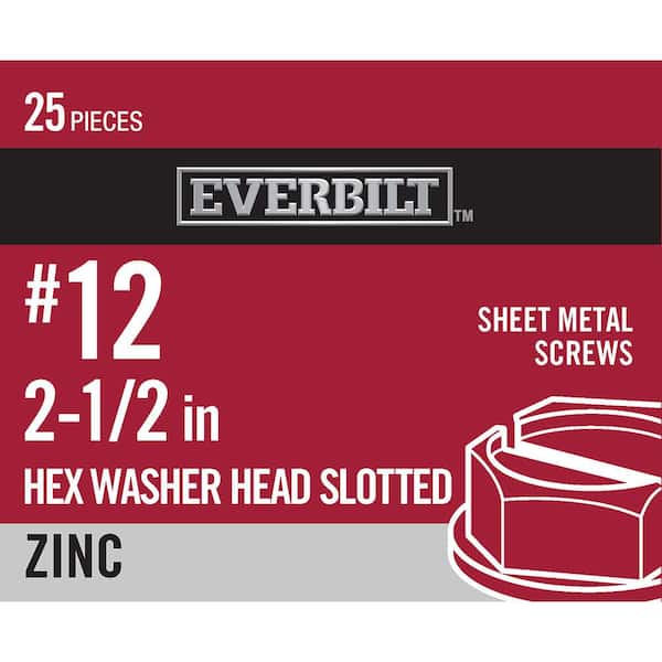 #12 x 2-1/2 in. Zinc Plated Slotted Hex Head Sheet Metal Screw (25-Pack)