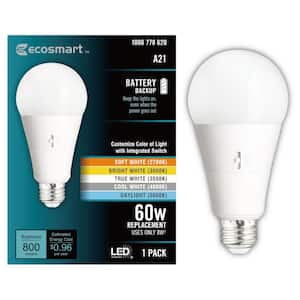EcoSmart 60-Watt Equivalent A21 Dimmable CEC Battery Backup LED Light Bulb  with Selectable Color Temperature (1-Pack) 11A21060WCCTB01 - The Home Depot
