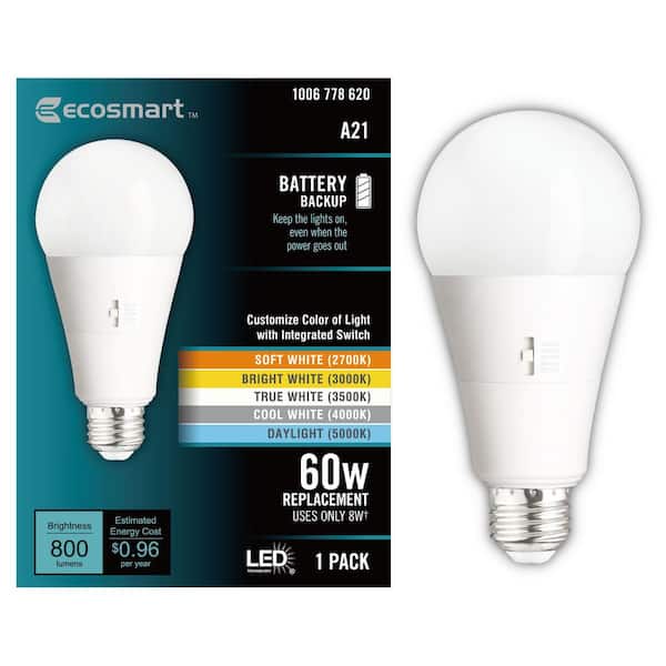 EcoSmart 60-Watt Equivalent A21 Dimmable CEC Battery Backup LED Light Bulb with Selectable Color Temperature (1-Pack)