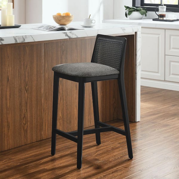 MODWAY Monarch Wood Counter Stool with Cane Rattan Back and Padded Seat in Black Black Gray
