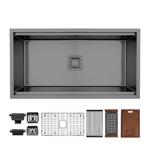 36 in. Undermount Single Bowl 16 Gauge Black Stainless Steel Workstation Kitchen Sink with Accessories
