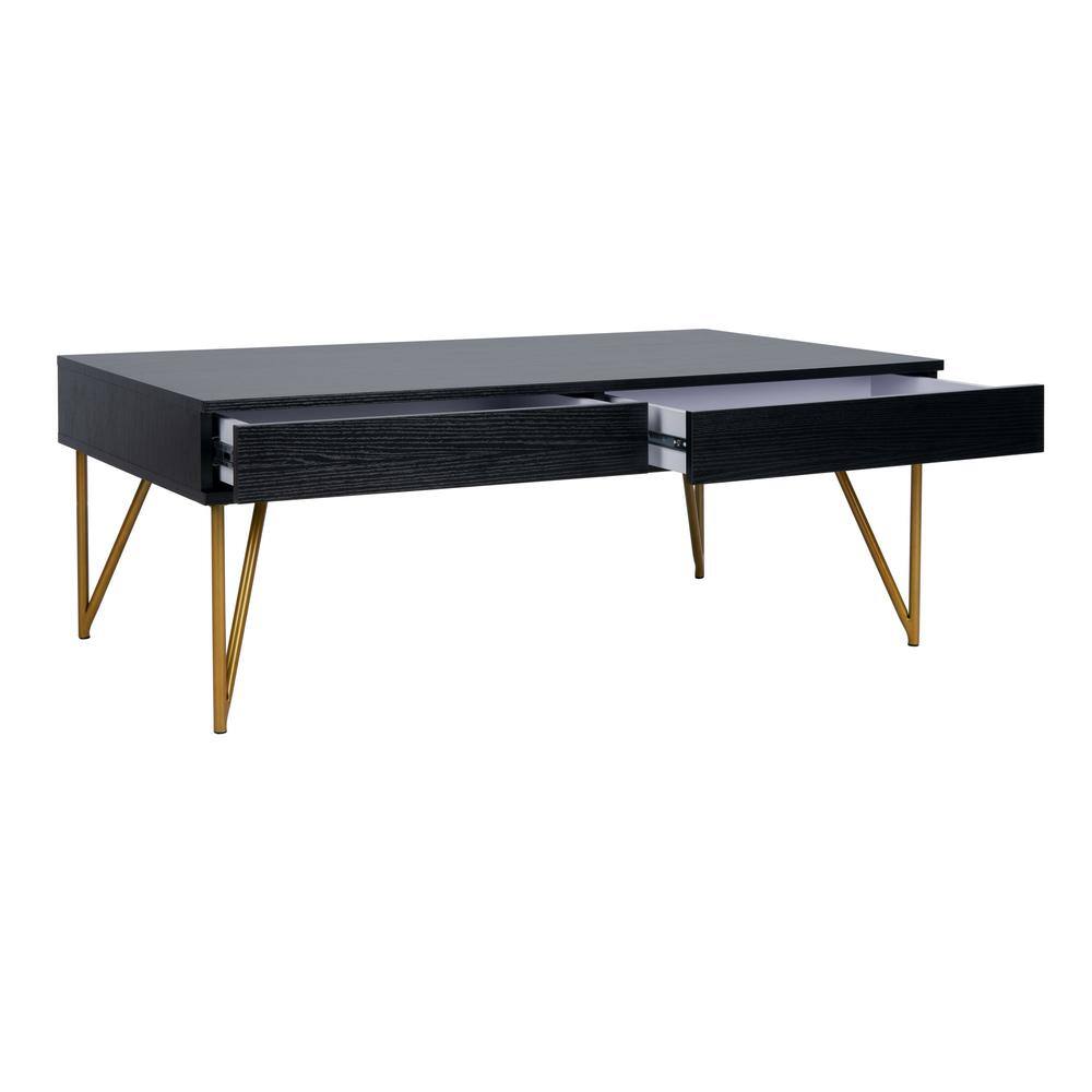 Rectangular Black and Gold Wood Metal Coffee Table with Storage