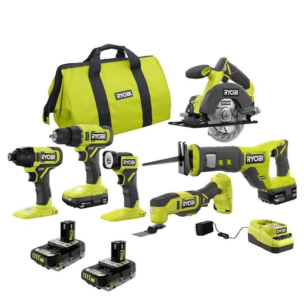 RYOBI ONE+ 18V Cordless 6-Tool Combo Kit w/ 1.5 Ah Battery, 4.0 Ah Battery, & Charger w/ (2) 2.0 Ah HIGH PERFORMANCE Batteries