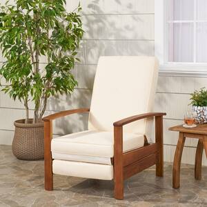 Roslyn Teak Brown Push Back Recline Wood Outdoor Recliner with Cream Cushion
