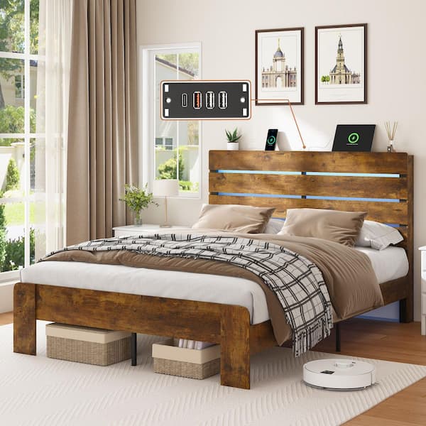 Rustic Brown-A MDF Plus Steel Frame King Platform Bed, Bed Frame with LED Lights, Charging Station
