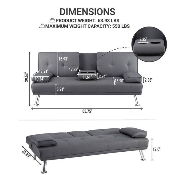 HOMESTOCK Gray Futon Sofa Bed Faux Leather Futon Couch with Armrest and 2 Cupholders Sofa Bed Couch Convertible with Metal Legs 99916