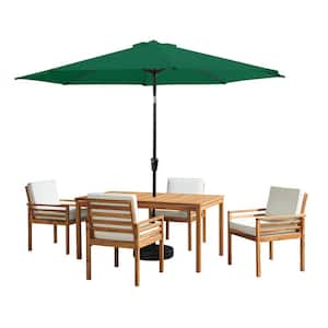 6 -Piece Set, Okemo Wood Outdoor Dining Table Set with 4 Cushioned Chairs, 10 ft. Auto Tilt Umbrella Hunter Green
