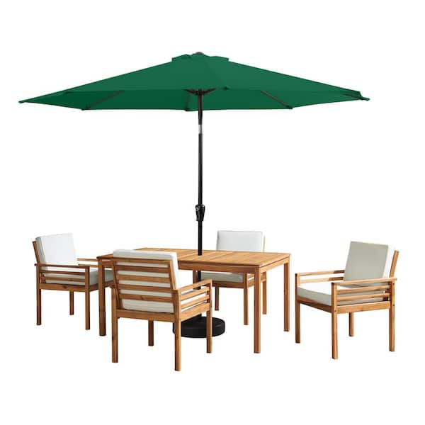 Alaterre Furniture 6 -Piece Set, Okemo Wood Outdoor Dining Table Set with 4 Cushioned Chairs, 10 ft. Auto Tilt Umbrella Hunter Green