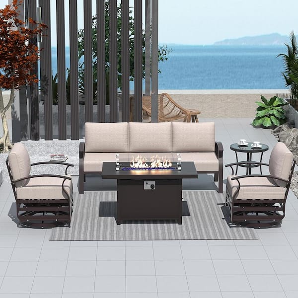 Halmuz 5-Piece Aluminum Patio Fire Pit Sectional Seating Set with armrest, Swivel Rocking Chairs,coffee table and Sand Cushions