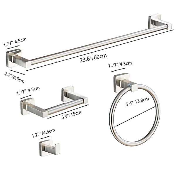 4-Piece Bathroom Hardware Set with Hand Towel Bar, Towel Ring, Robe Towel Hooks, Toilet Paper Holder in Brushed Nickel