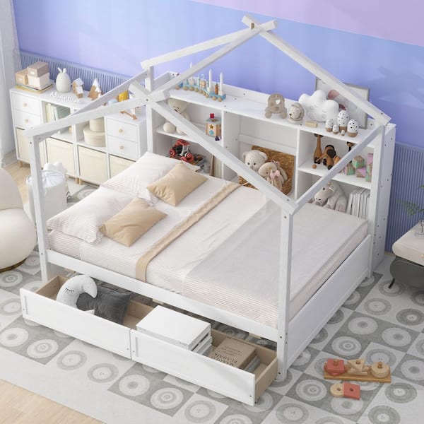 Harper & Bright Designs White Wood Frame Full Size House Platform Bed with Storage Shelves and 2-Drawer
