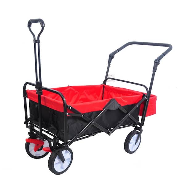 Huluwat 6 cu. ft. PVC Fabric Outdoor Black Red Folding Garden Cart with Drink Holder and Adjustable Handles