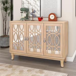 Natural Wood 47.2 in. Sideboard Modern Buffet Cabinet Storage Console with 3-Glass Doors and Adjustable Shelves