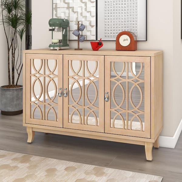 Unbranded Natural Wood 47.2 in. Sideboard Modern Buffet Cabinet Storage Console with 3-Glass Doors and Adjustable Shelves
