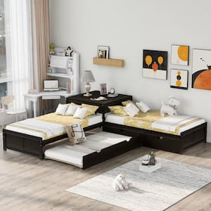 L-Shaped Espresso Twin Platform Bed with Trundle and Drawers, Linked with Built-in Desk