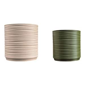 Flo MidCentury Modern Indoor Ripple Eco-Friendly 3D Printed Planters with Drainage, Sand/Olive (Set of 2)