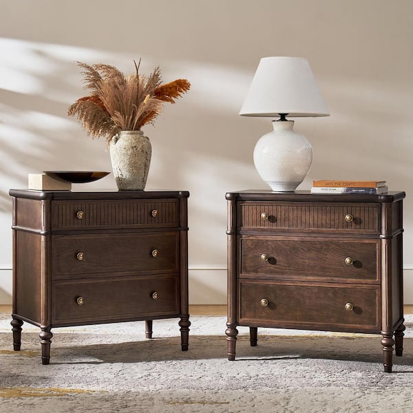 Roland Walnut 3-Drawer 28 in. W Nightstand Set of 2 with Built-In Charging Station