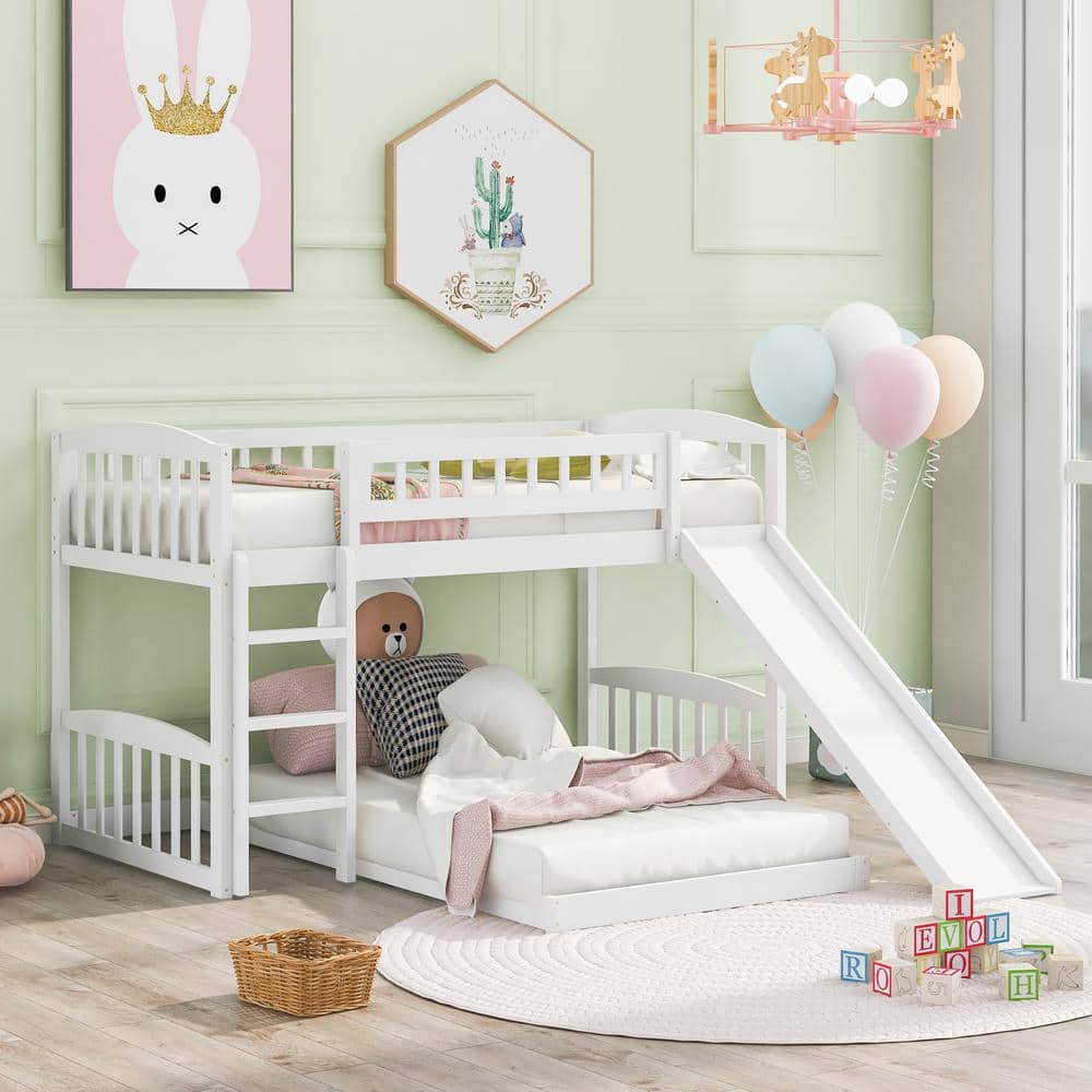 Qualler White Twin Over Twin Size Bunk Bed with Slide and Ladder ...