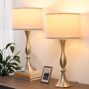 26.8 in. Brushed Nickel Touch Control Table Lamp Set with Beige Shade and USB Port (Set of 2)