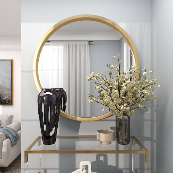 Litton Lane 42 in. x 42 in. Large Round Minimalistic Medium Size Framed Gold Wall Mirror