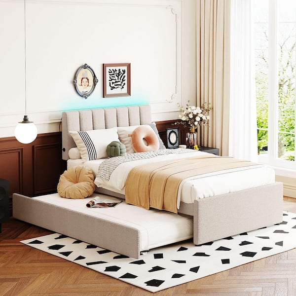 Harper & Bright Designs Beige Wood Frame Twin Size Teddy Fleece Size Upholstered Platform Bed with Trundle and LED Lights