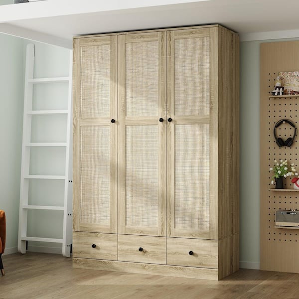 Greige Oak Finish Wood 47.2 in. Bedroom Chifferobe with Rattan Doors, Hanging Rod, and Multiple Storage Drawers