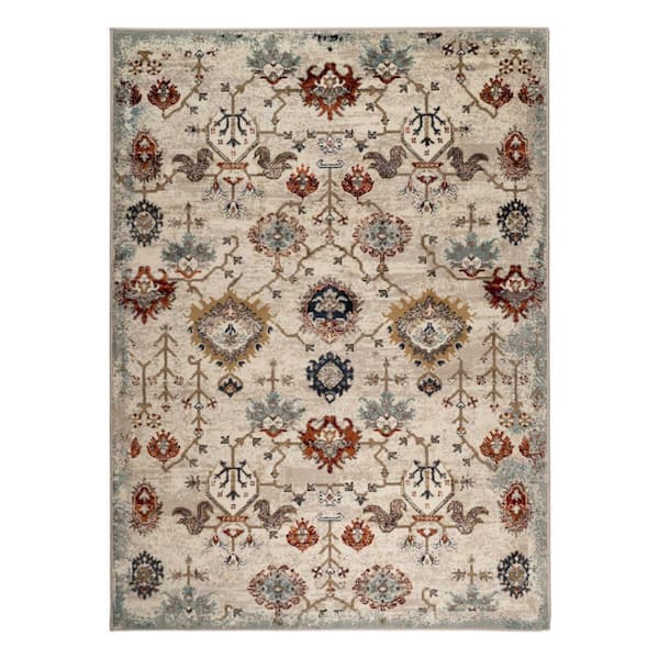 5 ft. x 8 ft. Beige Rust and Navy Oriental Power Loom Area Rug