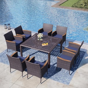 9-Piece Cast Aluminum Patio Outdoor Dining Set with Square Table and Wooden Armrest Rattan Chairs with Blue Cushion