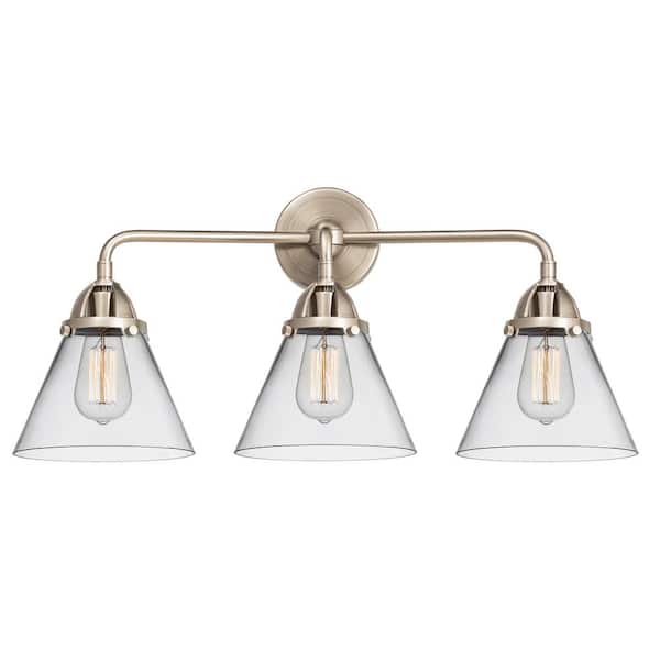 Cone 25.75 in. 3-Light Brushed Satin Nickel, Clear Vanity Light with Clear Glass Shade