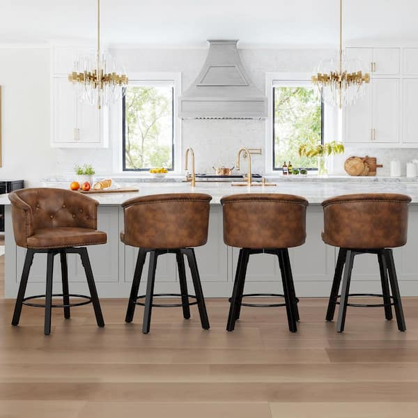 36.2 in QUIN Brown Faux Leather High-Back Upholstered Counter Height Swivel Bar stool Bar Chair with Metal Base Set of 4