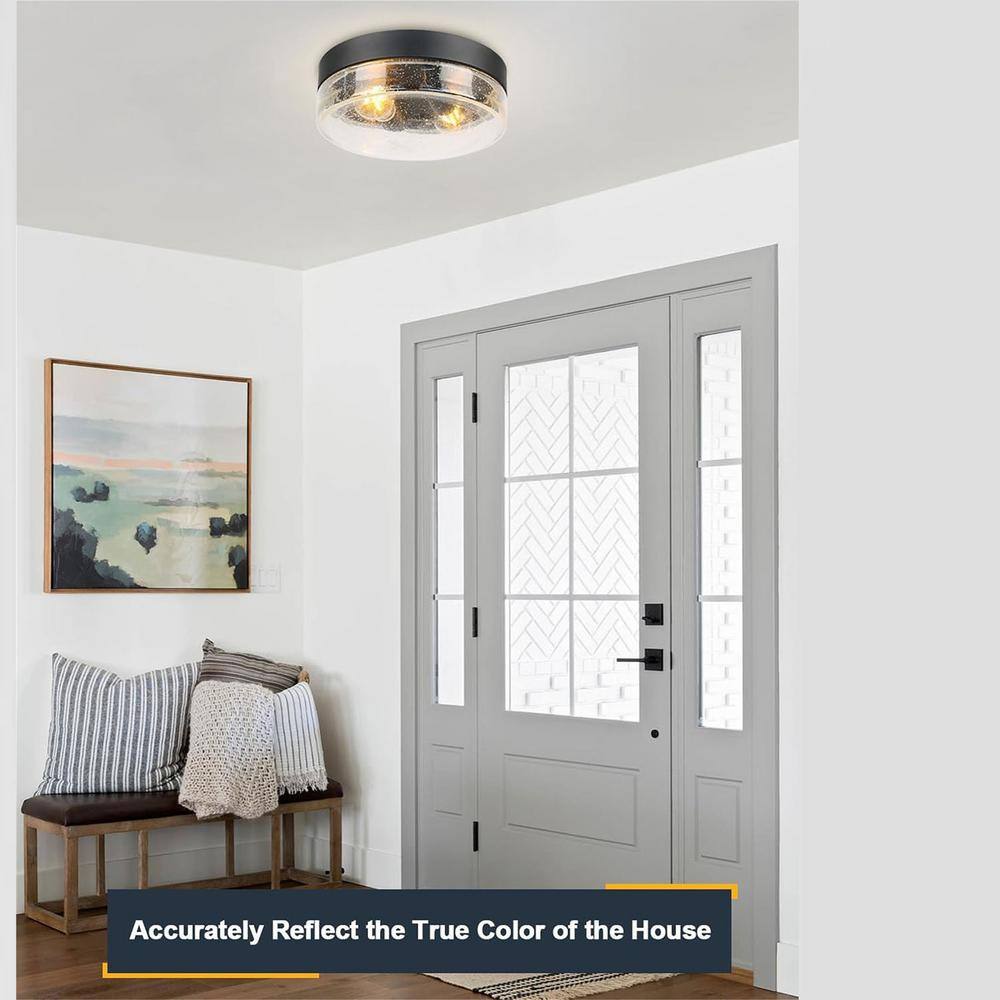 Matte Black 2-Light Flush Mount Ceiling Fixture with Seeded Glass Shade