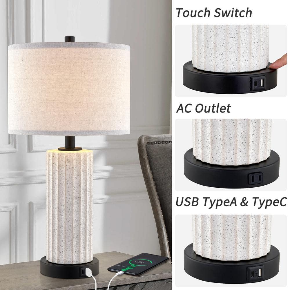 White Ceramic Table Lamp Set with USB Ports and Touch Control