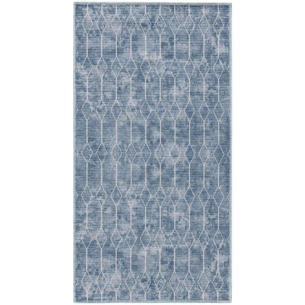 Blue  doormat 2 ft. x 4 ft. Geometric Contemporary Machine Washable Series 